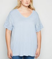 New Look Curves Pale Blue Broderie Sleeve V Neck T-Shirt